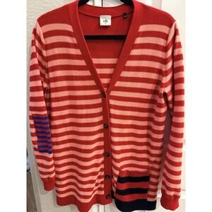 CABI Red & Pink Striped Picnic Long Cardigan Sweater Pockets Elbow Patch Sz M